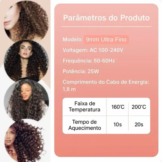 Modelador de Cachos Finos e Definidos - 9 mm com Aquecimento Rápido