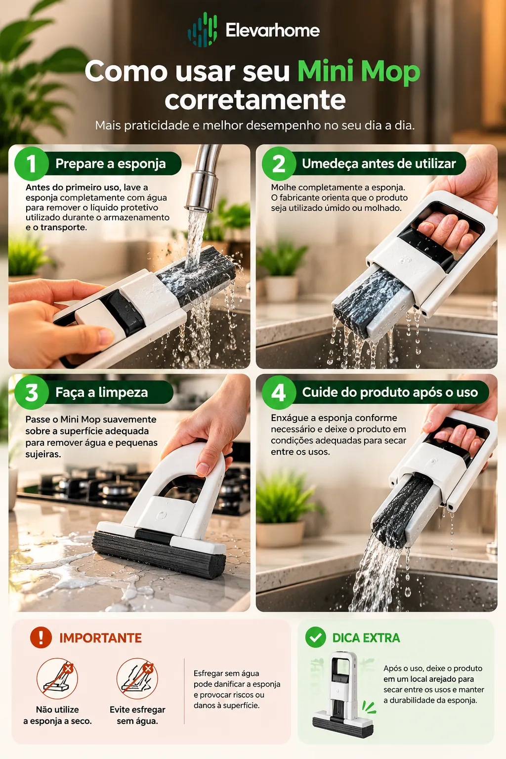 Rodinho de Pia Mini Mop Mágico Retrátil + Refil de Borracha para Cozinha