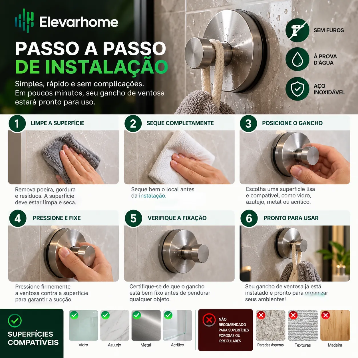 Gancho De Ventosa De Aço Inoxidável Cabide De Armazenamento Rolamento De Carga Forte E Sem Perfurações À Prova D'água