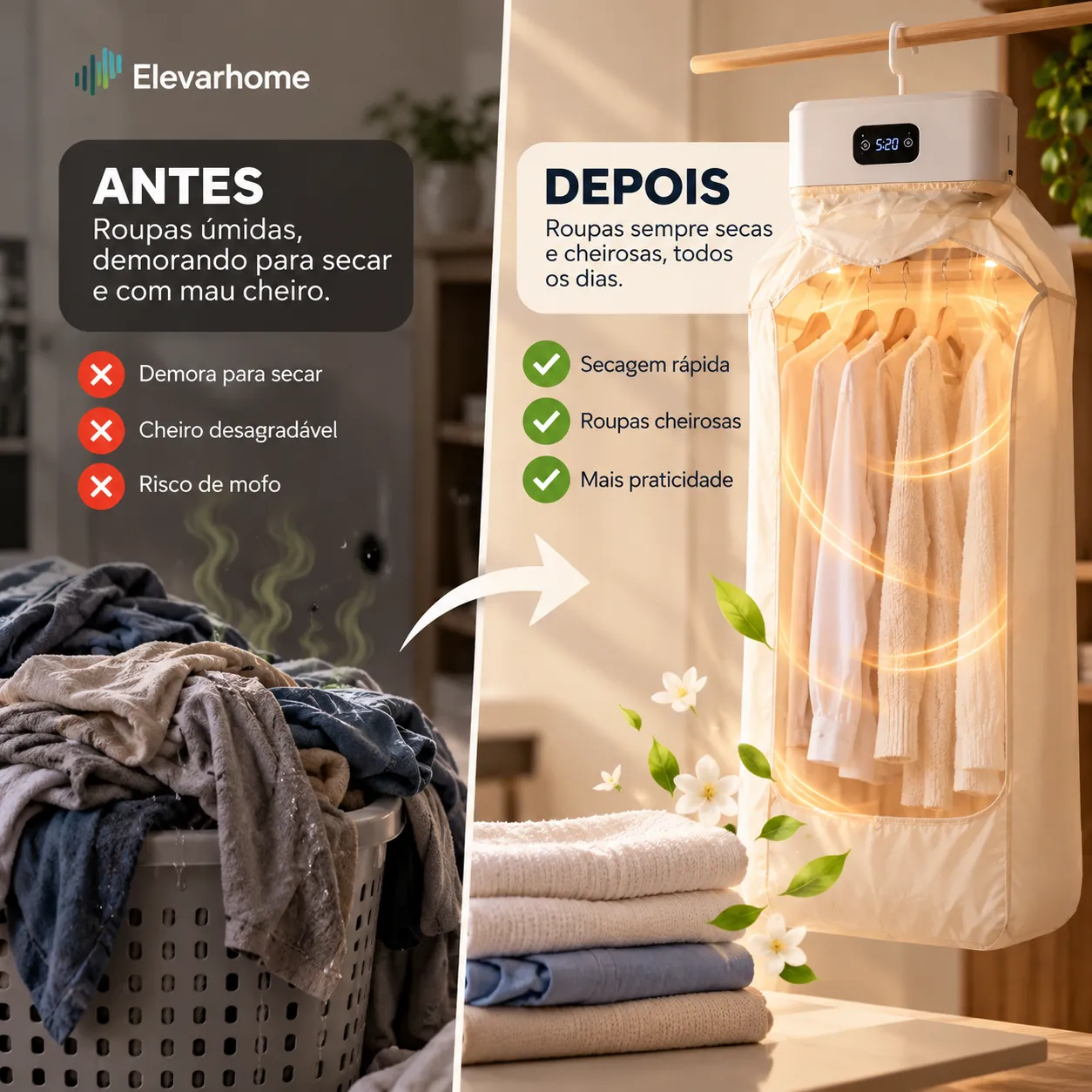 SECADORA PORTÁTIL ELEVARHOME™ | SECAGEM RÁPIDA E PRATICIDADE PARA SUA ROTINA