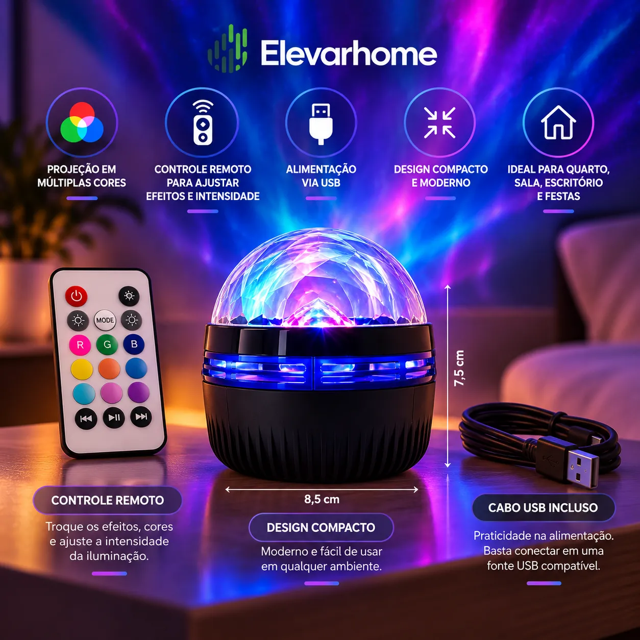 Luminária De Projeção Luz Aurora LED Noturna Com Controle