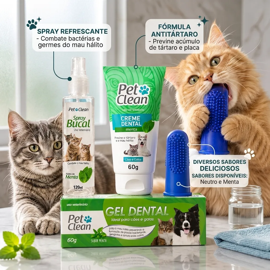 Kit Higiene Dental Pet: Creme Dental Antitártaro + Spray Bucal + Dedeira pra Gatos
