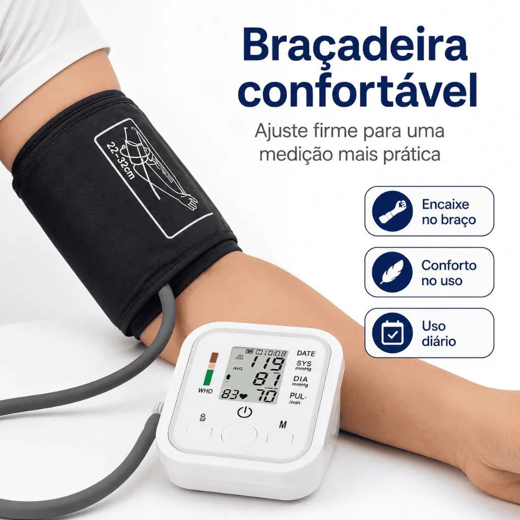 Aparelho de Pressão Arterial Digital de Braço Automático, Monitor de Pressão com Tela Grande
