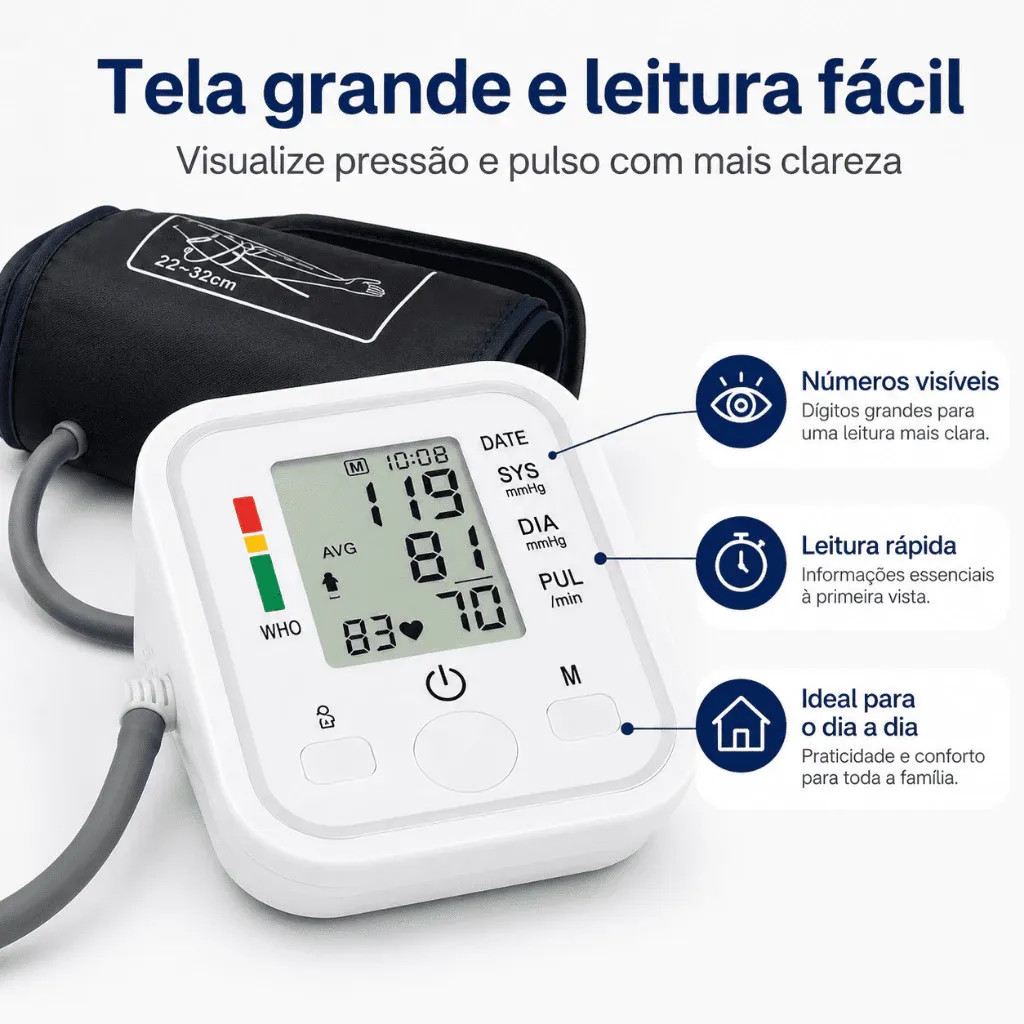 Aparelho de Pressão Arterial Digital de Braço Automático, Monitor de Pressão com Tela Grande