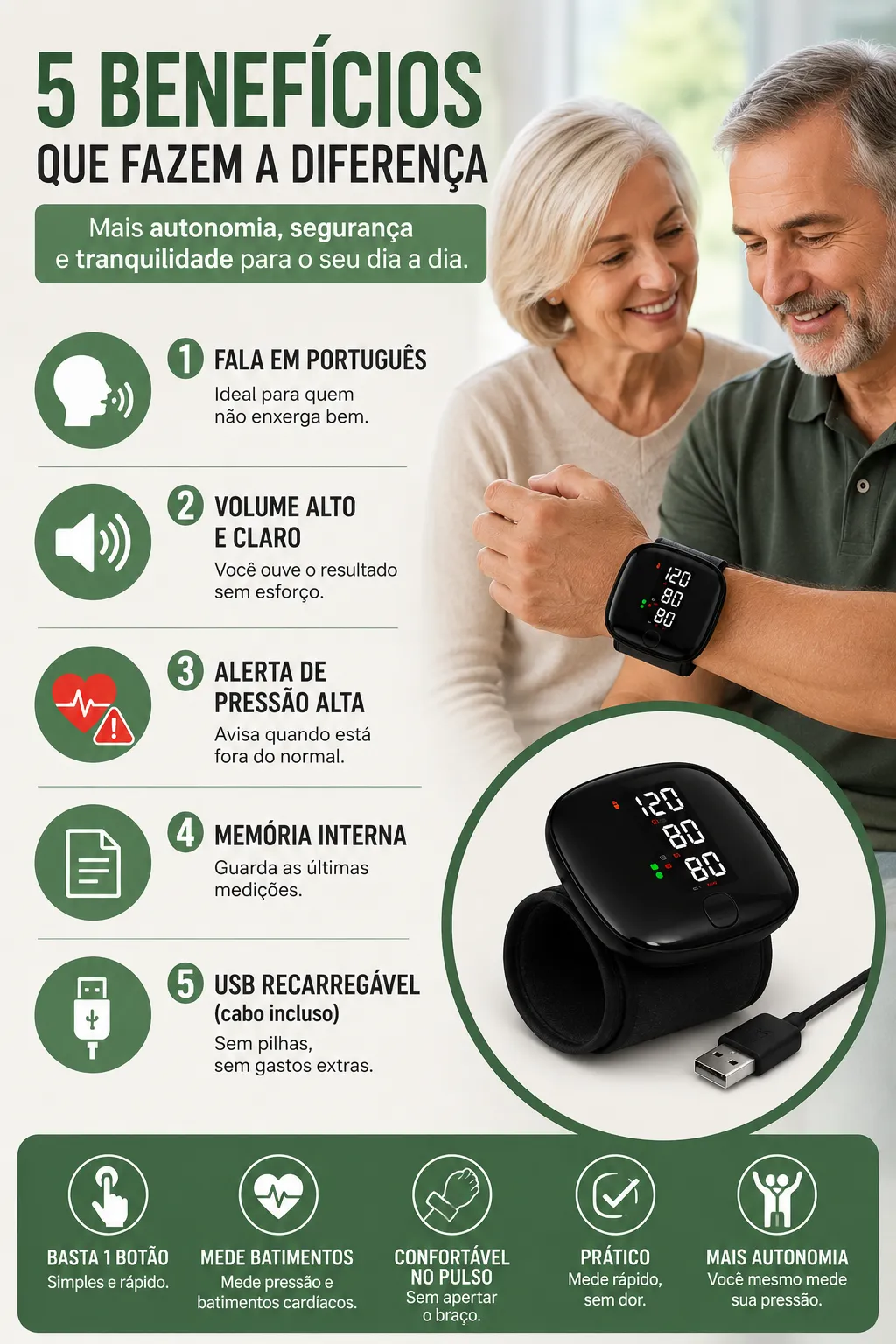 Monitor Digital de Pressão de pulso com Voz em Português