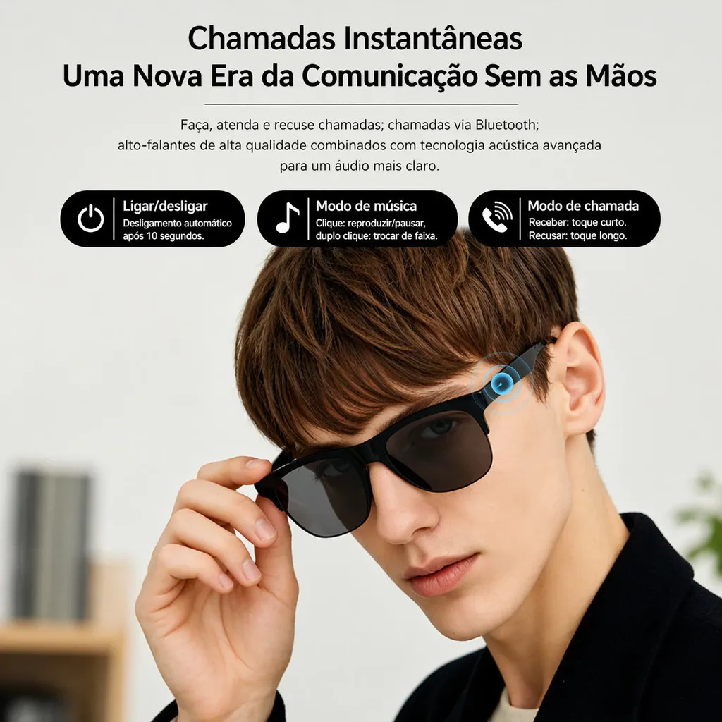 Óculos Inteligentes Esportivos Bluetooth 5.3 | Música, Chamadas e Controle Touch