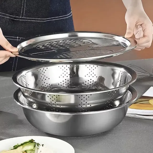 Kit Ralador Inox 3 em 1 com Tigela e Escorredor | Utensílio Multifuncional para Cozinha