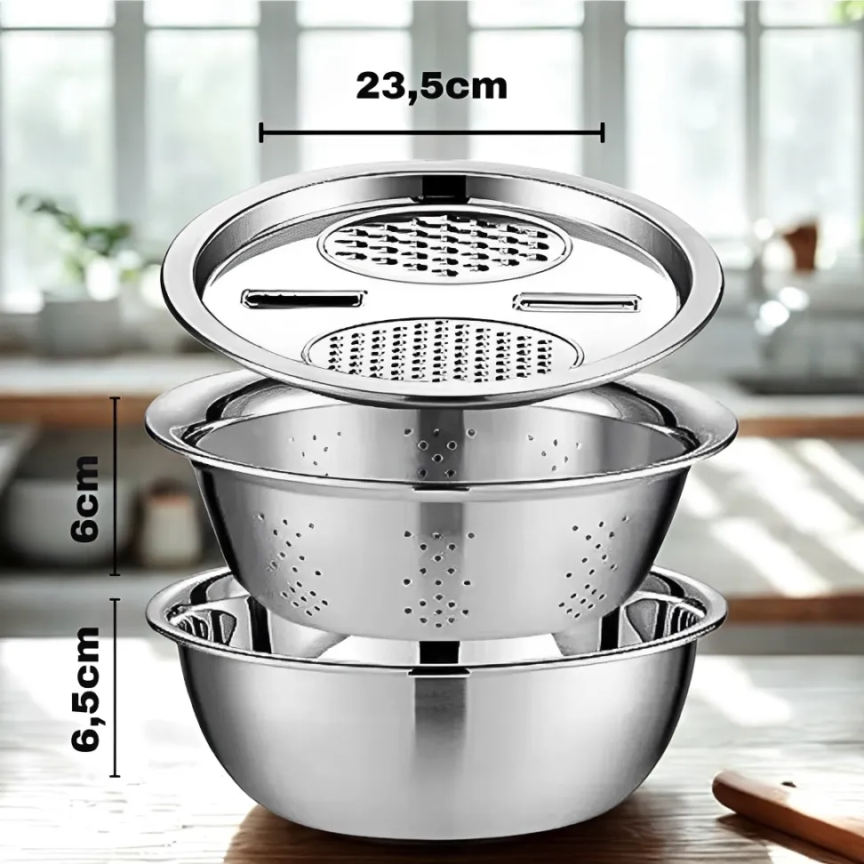 Kit Ralador Inox 3 em 1 com Tigela e Escorredor | Utensílio Multifuncional para Cozinha