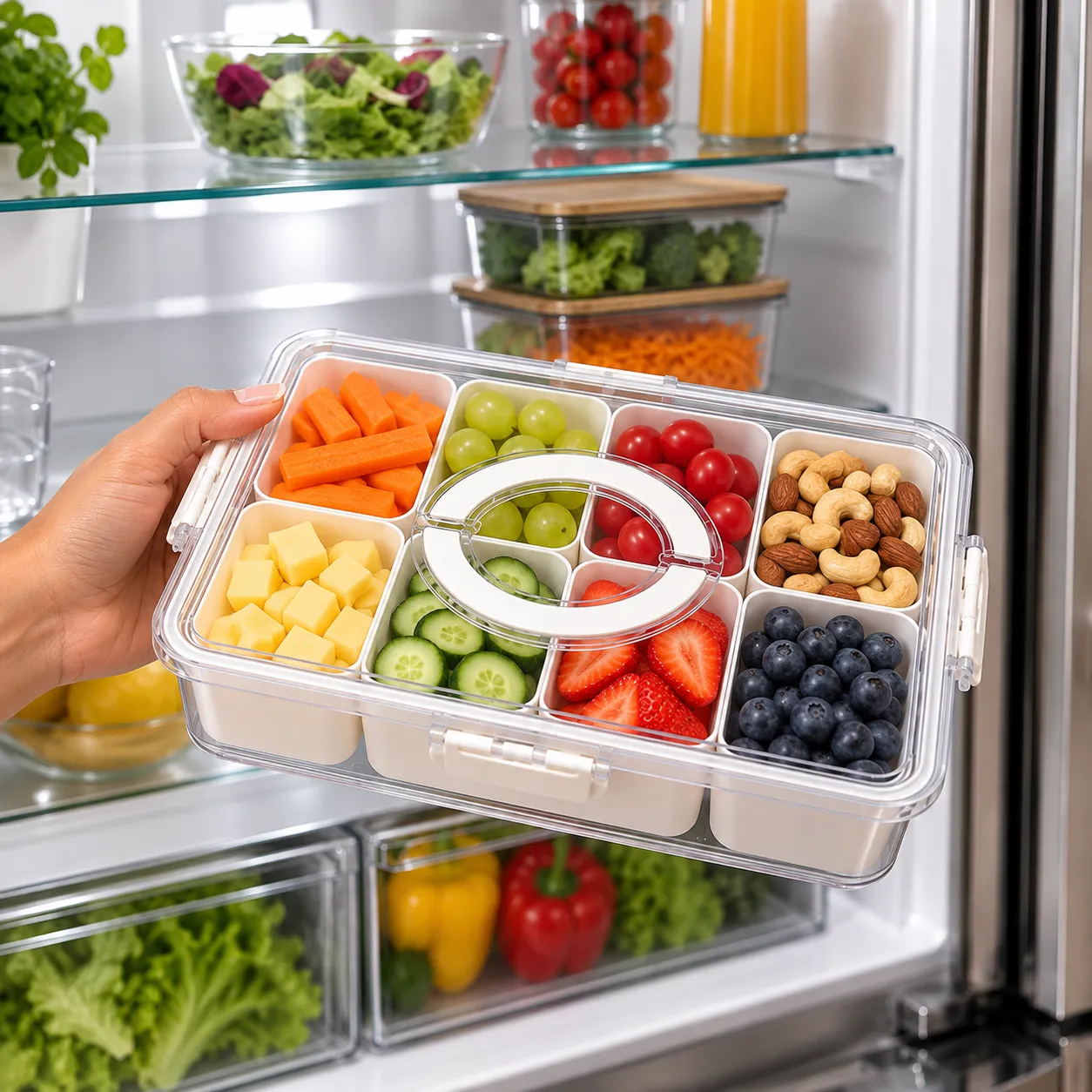Petisqueira Pote Organizador Guloseimas Comida Frutas Temperos Geladeira Cozinha 8 Divisórias