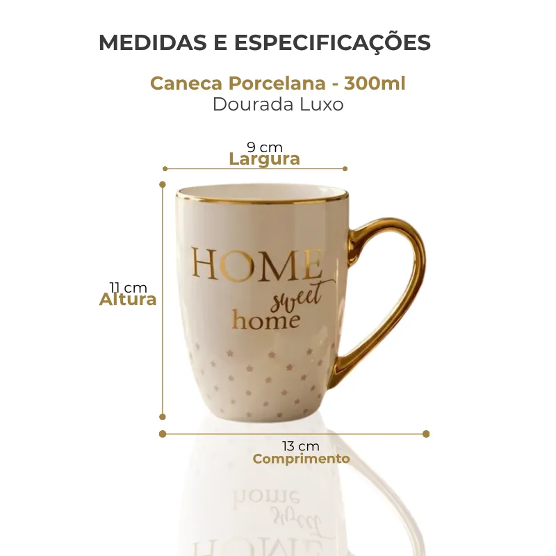 Jogo 6 Canecas em Porcelana 300ml | Detalhes em Dourado Luxo