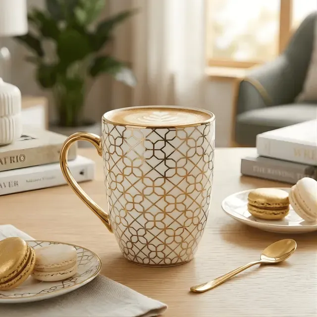 Jogo 6 Canecas em Porcelana 300ml | Detalhes em Dourado Luxo