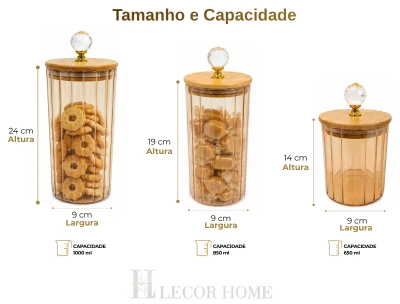 Kit 3 Porta Mantimentos Vidro Canelado Âmbar Luxo | Vedação Hermética com Tampa de Bambu