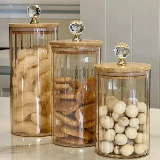 Kit 3 Porta Mantimentos Vidro Canelado Âmbar Luxo | Vedação Hermética com Tampa de Bambu