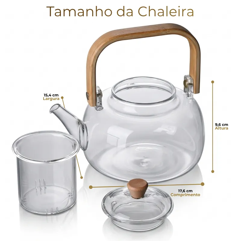 Chaleira de Vidro Premium Borossilicato | Puxador e Alça de Bambu 1L