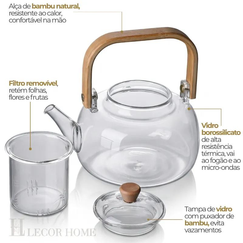 Chaleira de Vidro Premium Borossilicato | Puxador e Alça de Bambu 1L