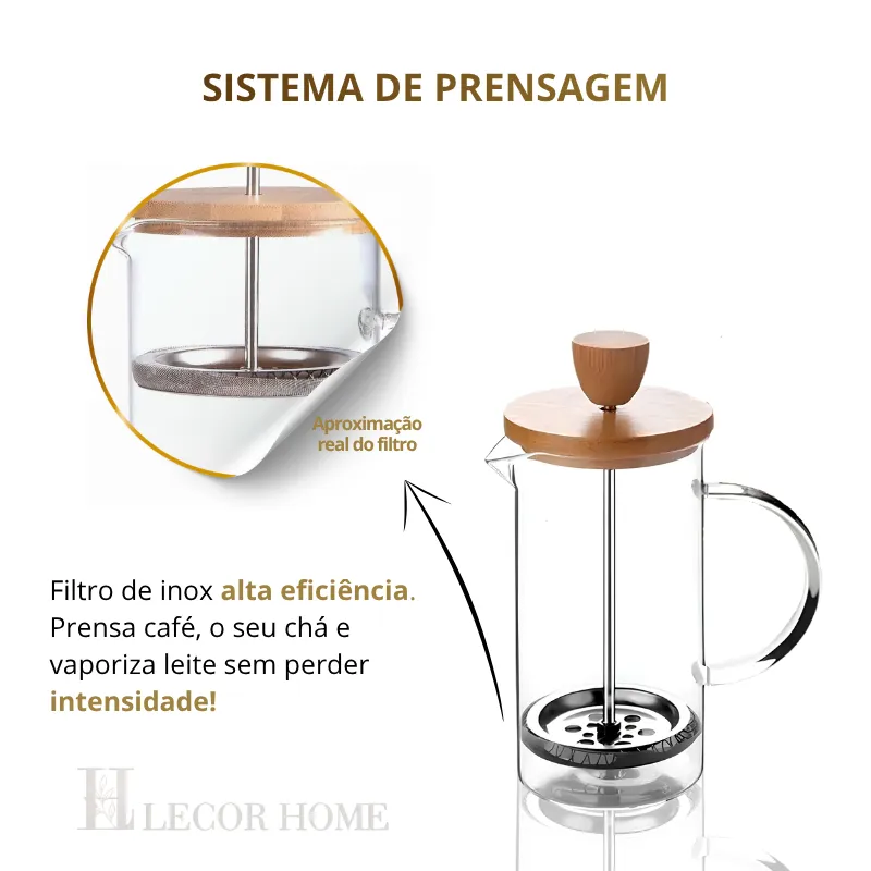 Cafeteira Prensa Francesa Vidro 3 em 1 | 350ml Com Tampa Bambu