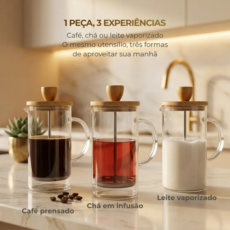Cafeteira Prensa Francesa Vidro 3 em 1 | 350ml Com Tampa Bambu