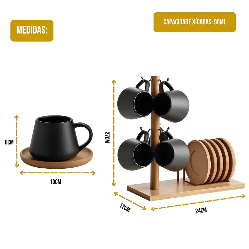 Jogo 6 Xícaras Café 90ml Porcelana e Pires | Brinde Suporte de Bambu