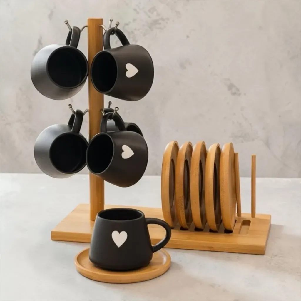 Jogo 6 Xícaras Café 90ml Porcelana e Pires | Brinde Suporte de Bambu