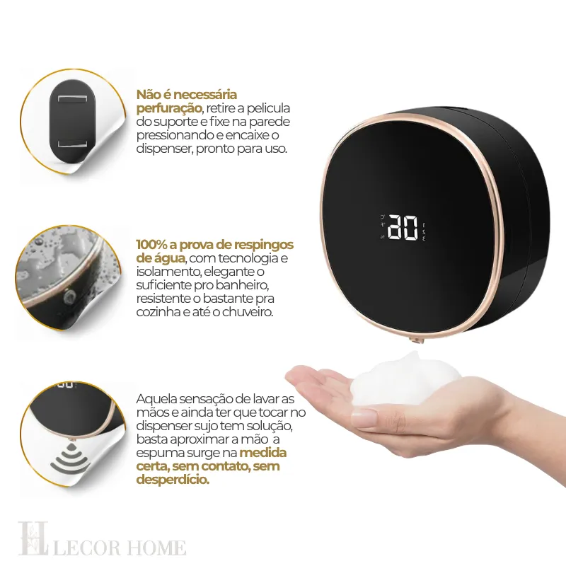 Dispenser Automático de Sabonete Sensor LED Parede Sem Toque Espuma Inteligente Recarregável FK008