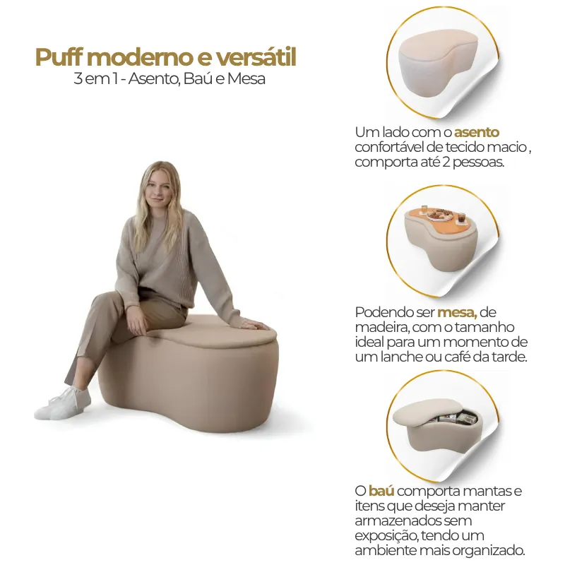 Puff 3 em 1 | Ideal para decoração, puff, mesa e baú - Moderno e Luxo