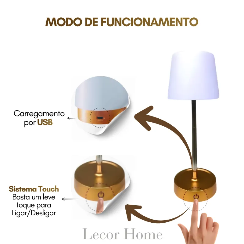 Luminária Touch Abajur Recarregável | Luz LED com Brilho e Altura Ajustável