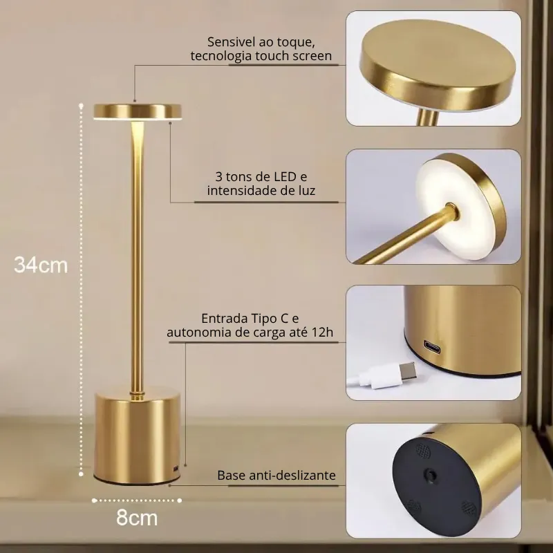Luminária Touch Aurum | 3 Tons de LED