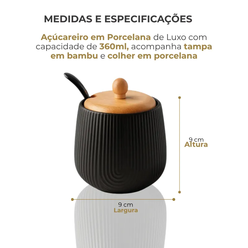 Açucareiro e Colher Em Porcelana com Tampa em Bambu | 360ml