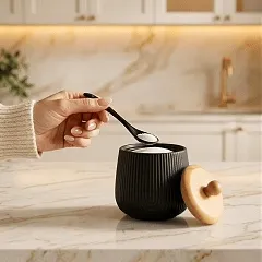 Açucareiro e Colher Em Porcelana com Tampa em Bambu | 360ml