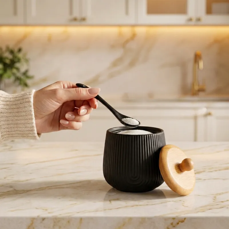 Açucareiro e Colher Em Porcelana com Tampa em Bambu | 360ml