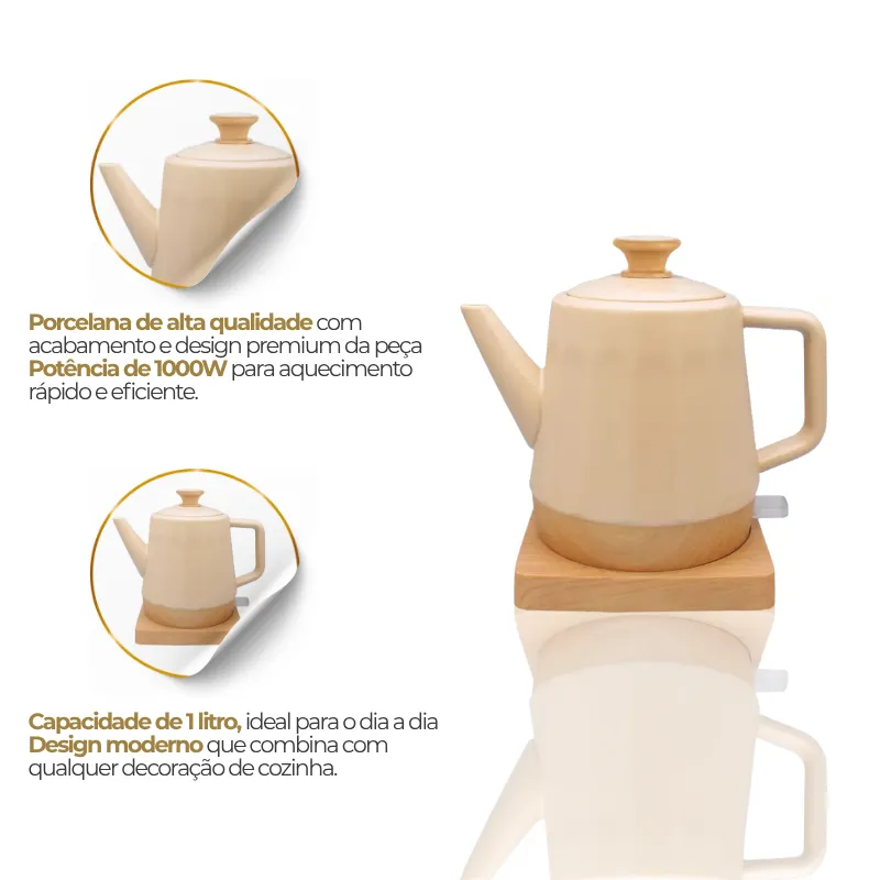 Chaleira Elétrica De Porcelana | Bege e Branco Elegance 1 Litro