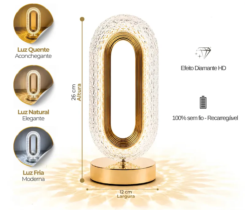 Abajur De Mesa Cristal LED Touch Sem Fio Recarregavel|3 Tons Luz