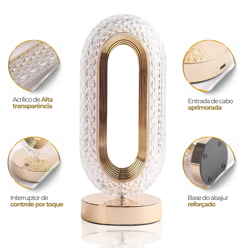 Abajur De Mesa Cristal LED Touch Sem Fio Recarregavel|3 Tons Luz