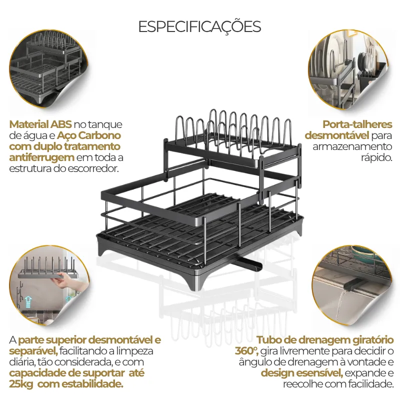 Escorredor de Louça | 2 Andares, resistente e aço carbono