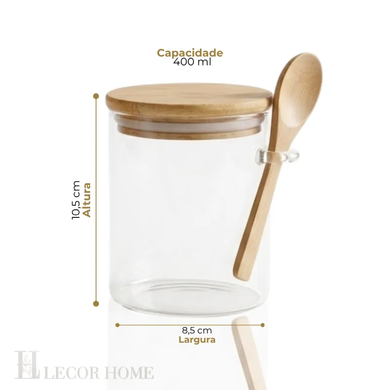 Kit de Potes de Vidro Hermético | Tampa e Colher De Bambu 400ml