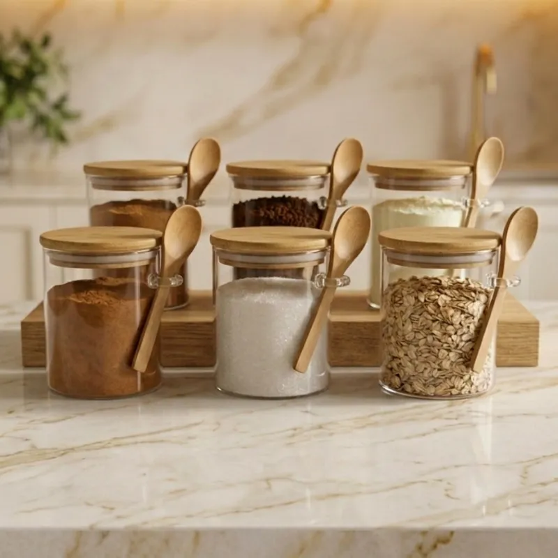 Kit de Potes de Vidro Hermético | Tampa e Colher De Bambu 400ml