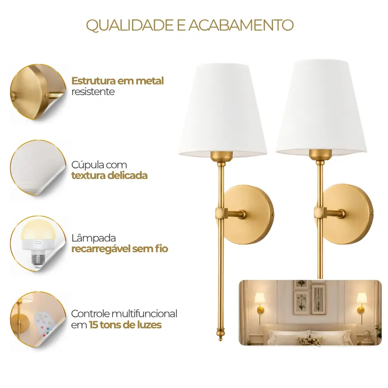 Kit 2 Arandelas de Parede LED | Preta, Dourada ou Cúpula tecido com Controle Remoto