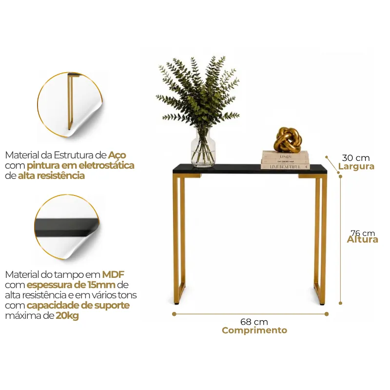 Mesa Buffet Balcão Aparador Industrial para Sala e Hall Pé Dourado Elegante 68X30X76