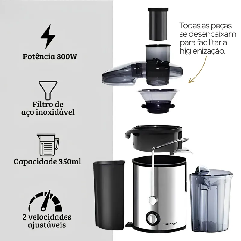 Centrífuga de Alimentos Elétrica para Suco | Praticidade e Luxo, 800w Inox com Preto 110V/220V