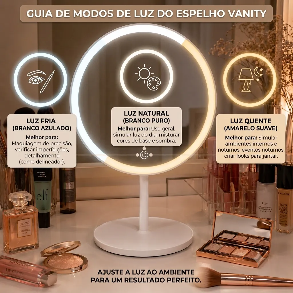 Espelho LED de Mesa com Bandeja Porta Maquiagem Luz 3 Cores Ajustável Touch USB