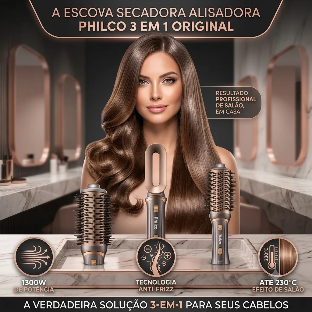 Escova Secadora Alisadora Philco 3 Em 1 1300w Original Anti-frizz 230°c Efeito de Salao