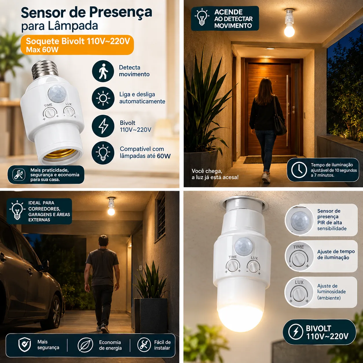 Sensor de presença para lâmpada Soquete Bivolt 110V~220V Max 60W