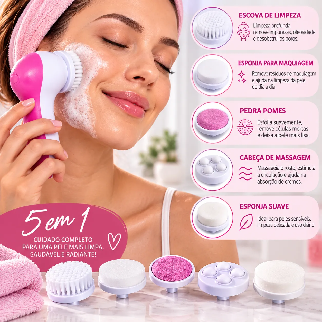 Escova Elétrica Limpeza Massageadora Facial Esfolia ção 5-em 1 / Aparelho de Limpeza Esfoliação imperio