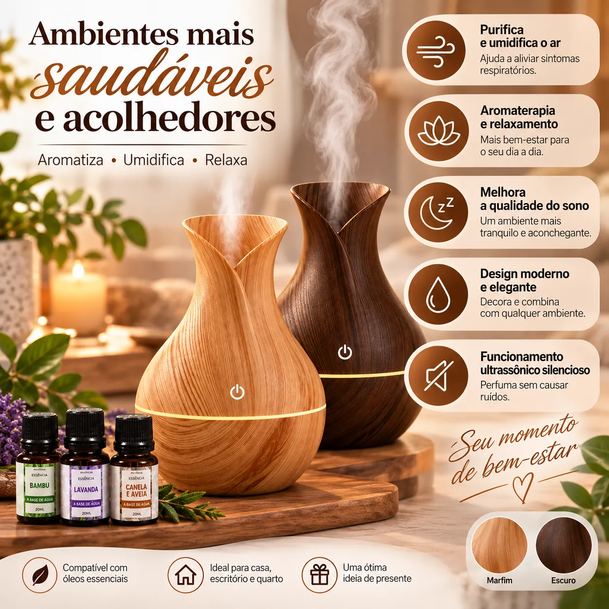 Difusor Aromatizador e Umidificador Ultrassônico 3 em 1 | Kit com 3 Essências