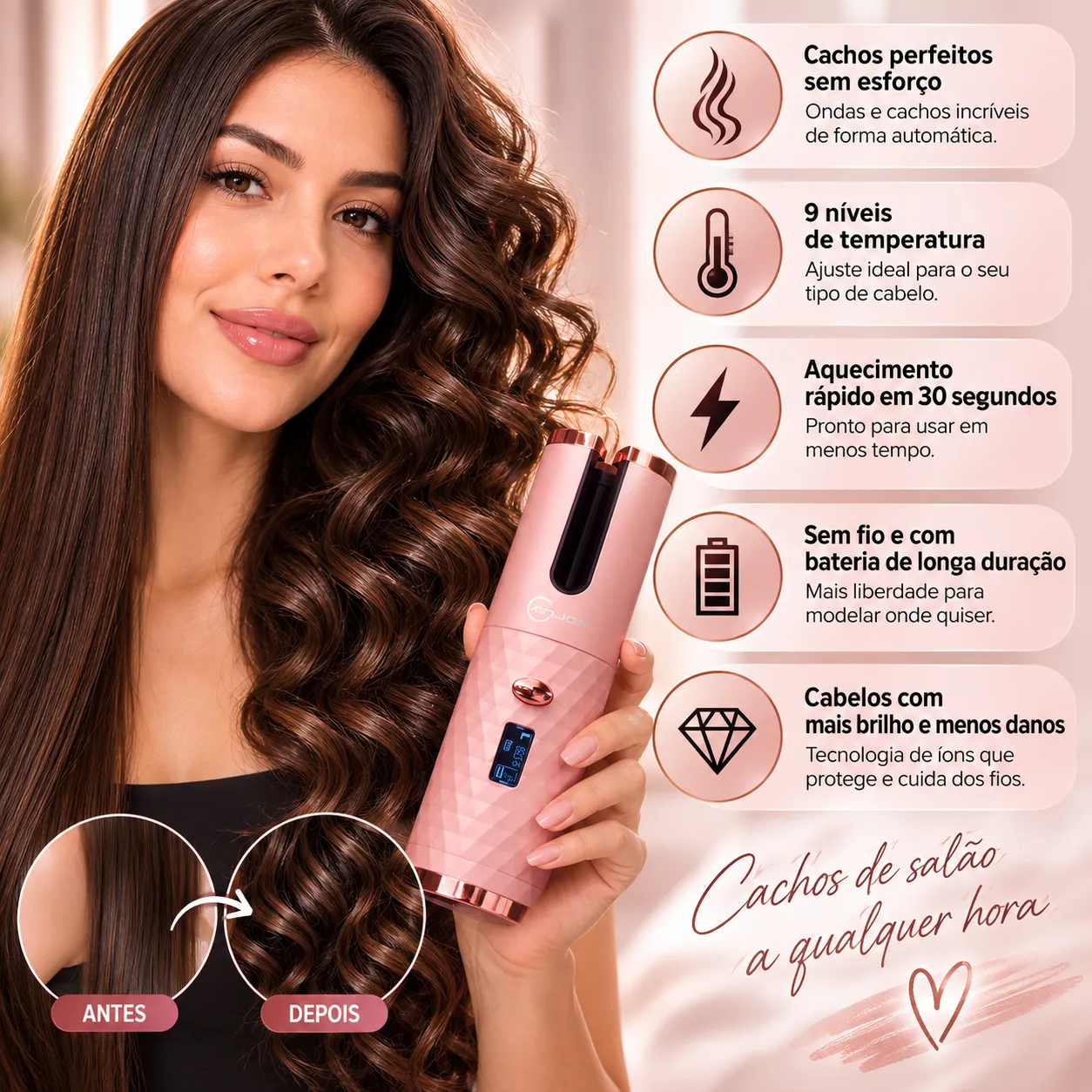 Modelador de cabelo automático sem fio com bateria recarregável de cerâmica embutida Alex