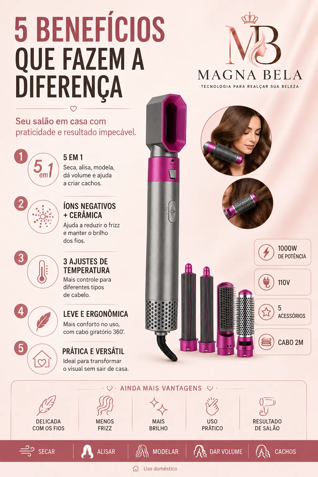 Escova 5 em 1 - Secador, Pente, Modelador, Aumenta volume Profissional 110V