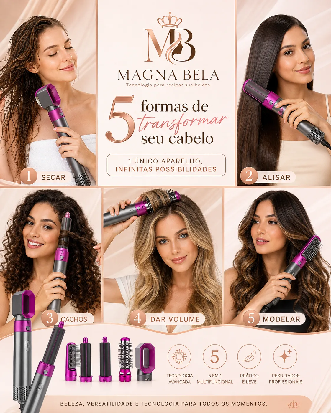 Escova 5 em 1 - Secador, Pente, Modelador, Aumenta volume Profissional 110V