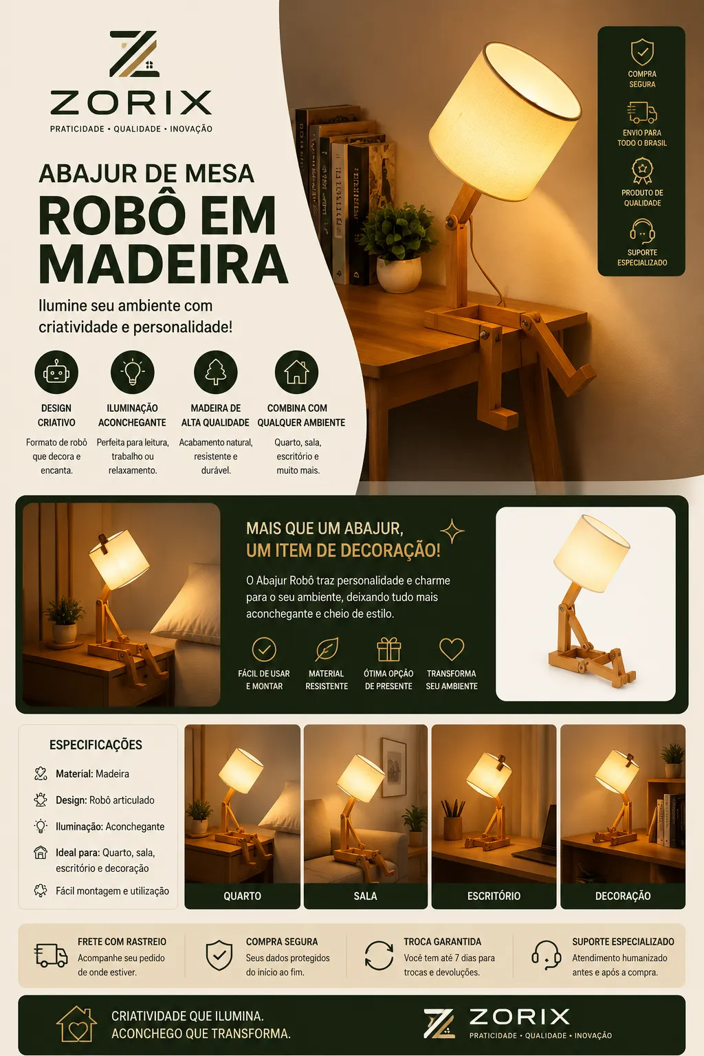 Abajur de Mesa Robô em Madeira