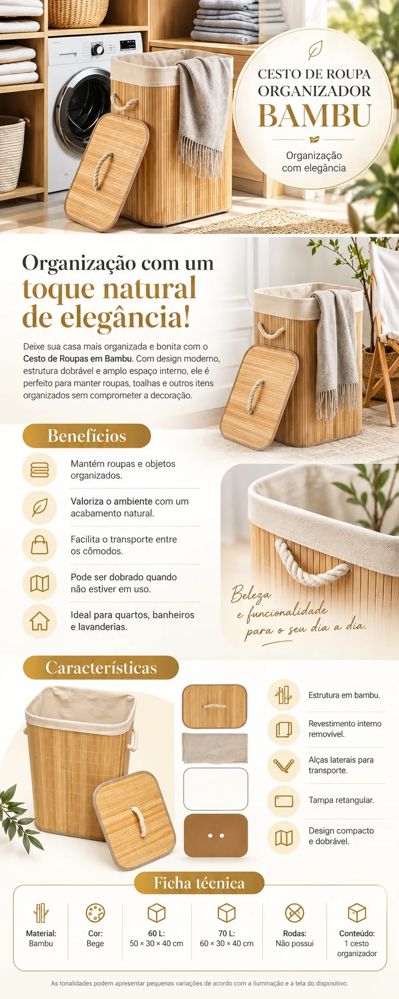CESTO DE ROUPA E CESTO ORGANIZADOR BAMBU ✅