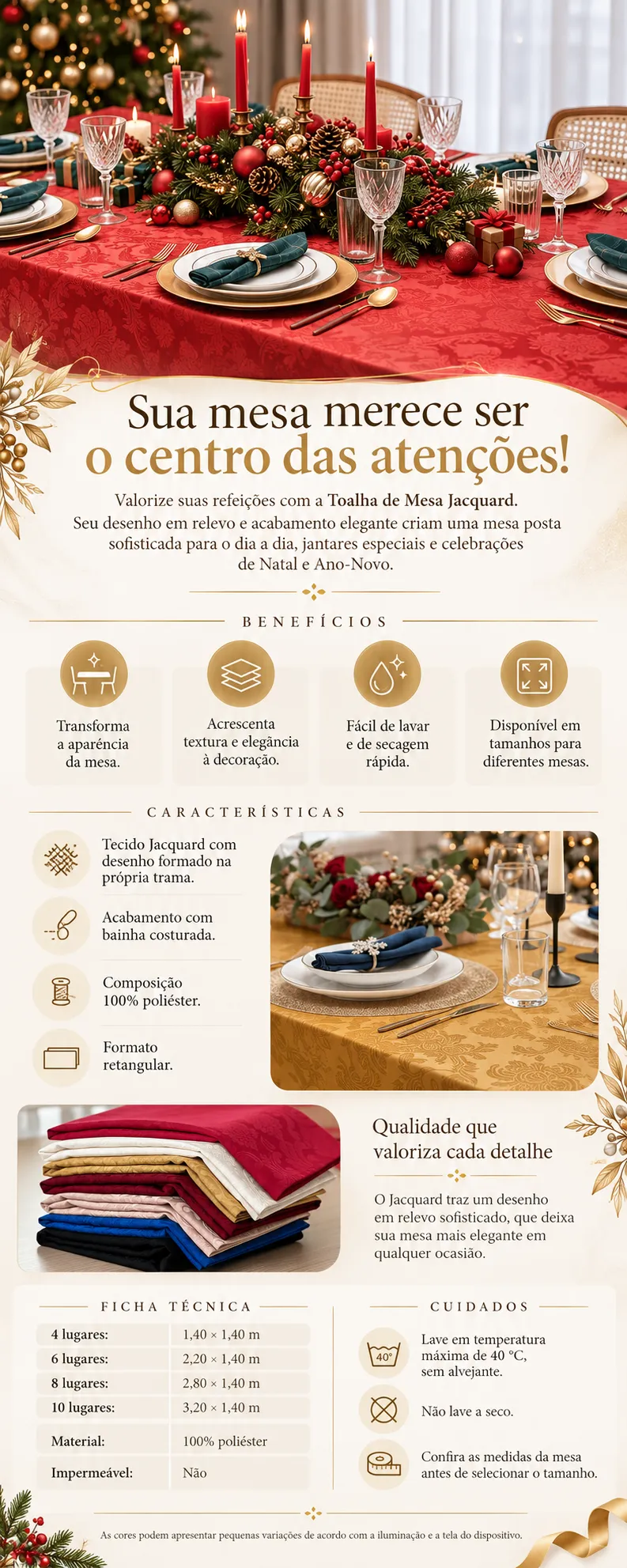 TOALHA DE MESA Jacquard Retangular Luxo Jantar Natal Ano Novo Decoração 4, 6, 8 e 10 Lugares ✅